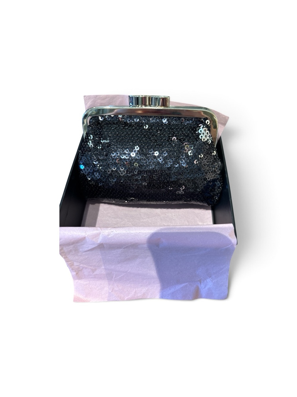 angel forever Black Sequin Clutch with Silver Frame Accent